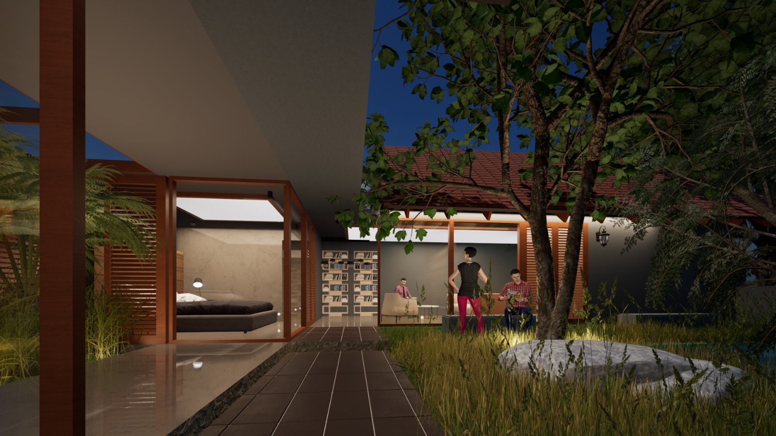 Private residence courtyard walkway at night